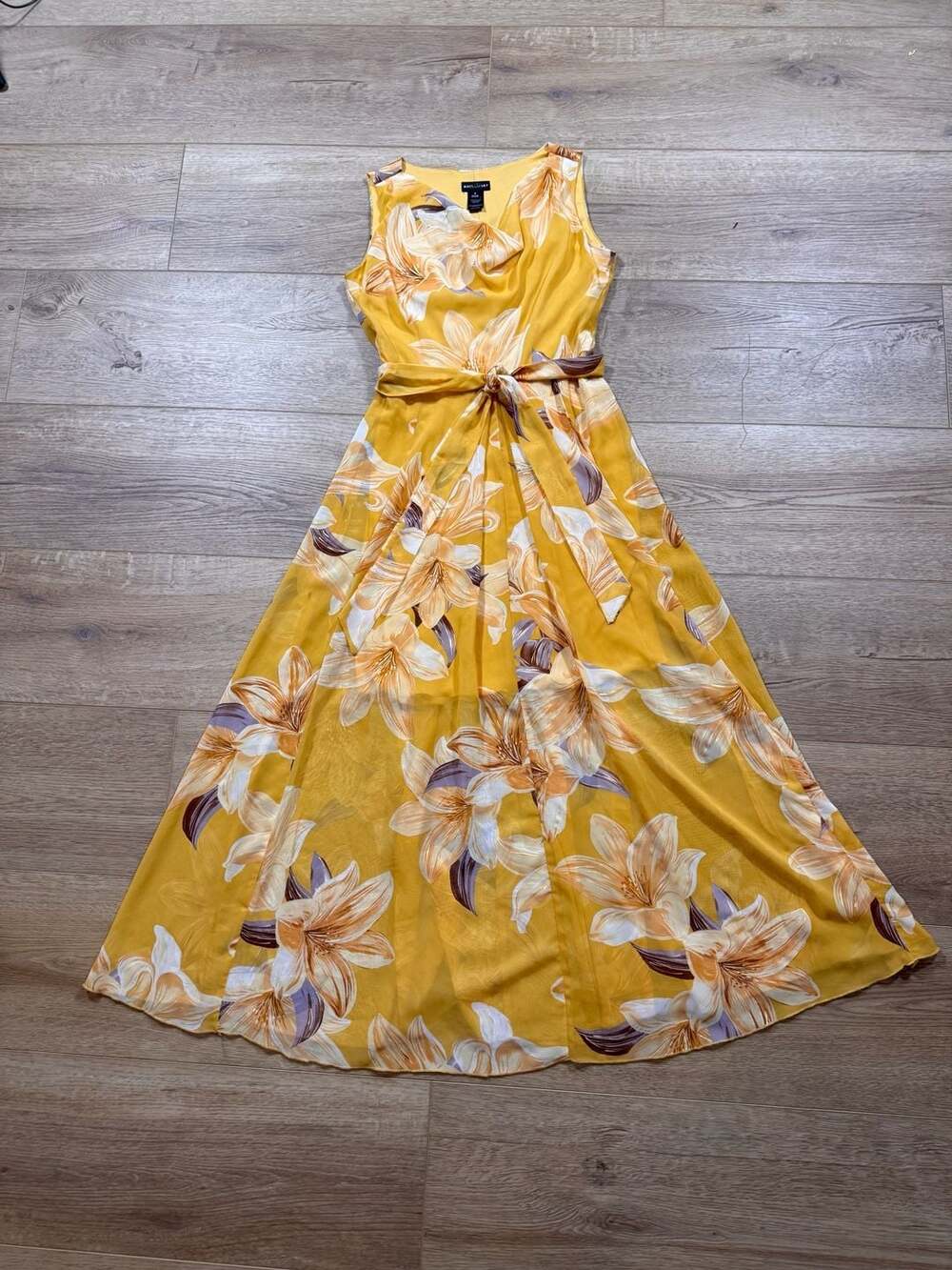 Kate & Lily Yellow Floral Lily Print Maxi Dress Cowl Neck Size 4 - Picture 2 of 14
